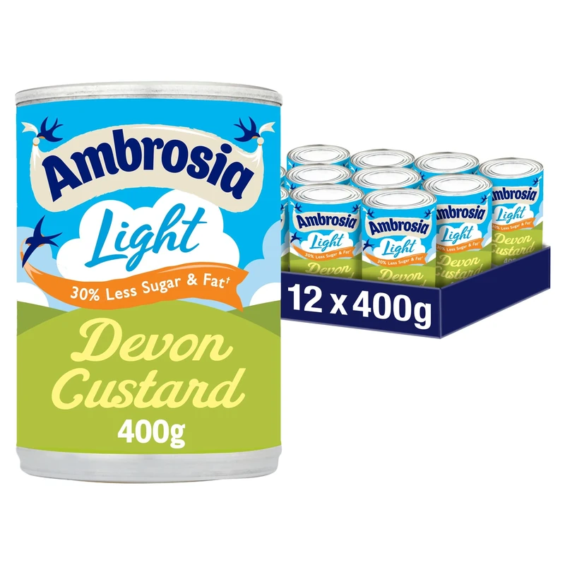 Ambrosia Light Devon Custard Cans, 30% Less Sugar & Fat, Creamy Ready-to-Eat Dessert, 400 g (Pack of 12)