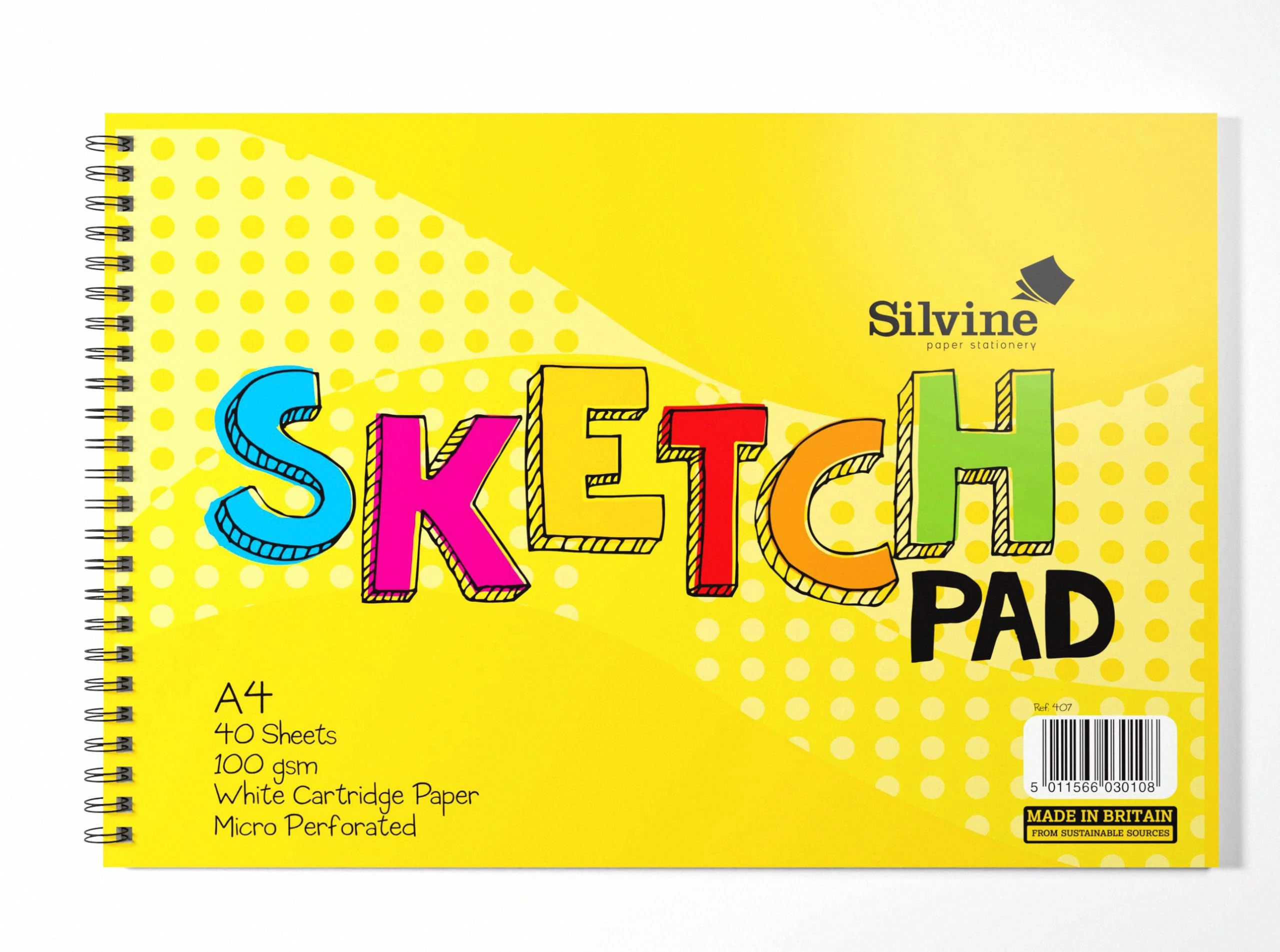 Silvine A4 Wirebound Sketch Pad - 40 sheets of 100gsm Smooth White Cartridge Paper (210 x 297mm), 407