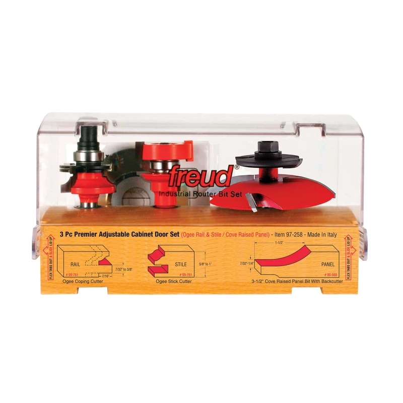 Freud 97-258: 3 Piece Premier Adjustable Cabinet Bit Set, ogee & cove with backcutter profile