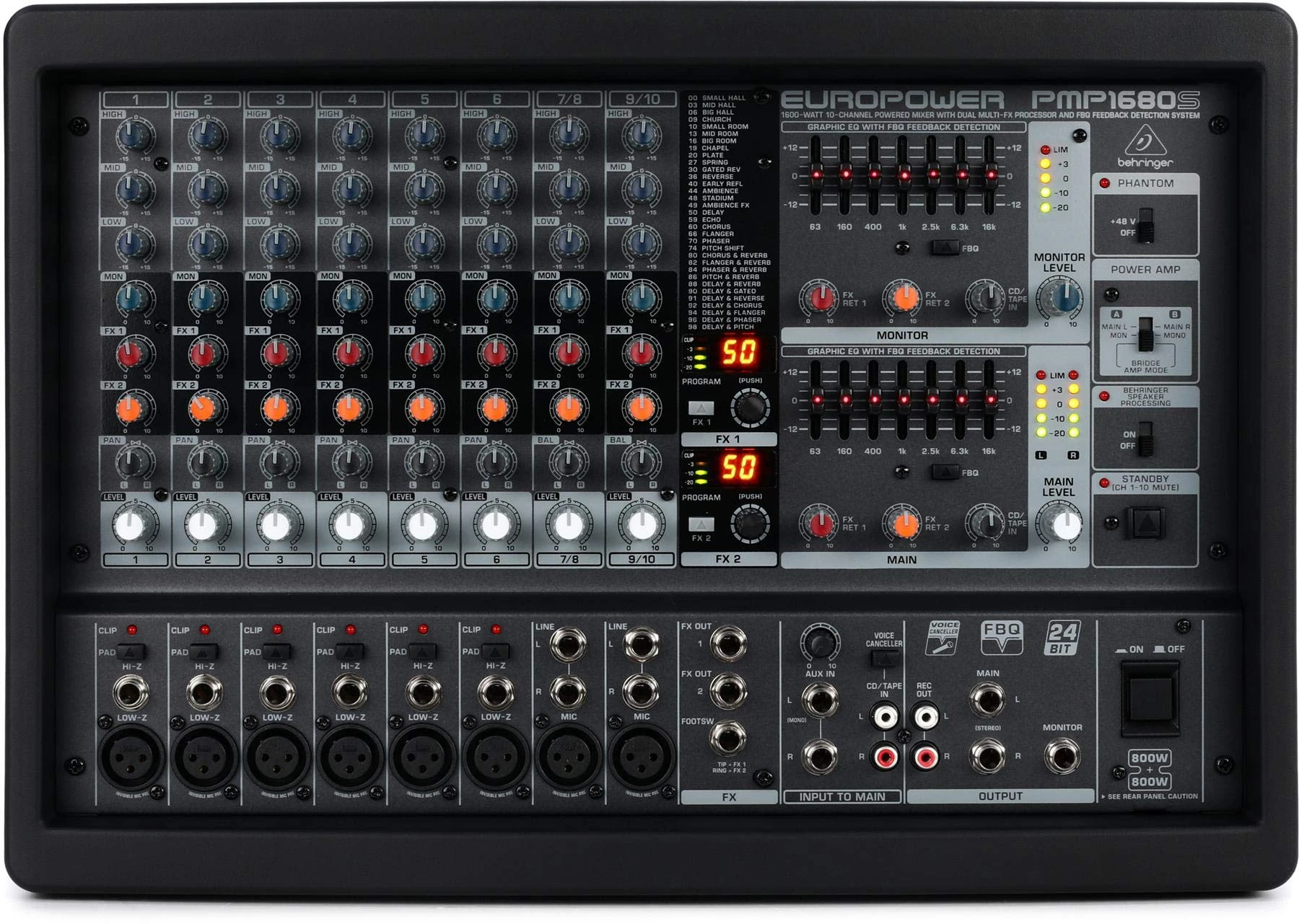 Behringer EUROPWER PMP1680S 1600 Watt 10 Channel Powered Mixer with Dual Multi-FX Processor and FBQ Feedback Detection System