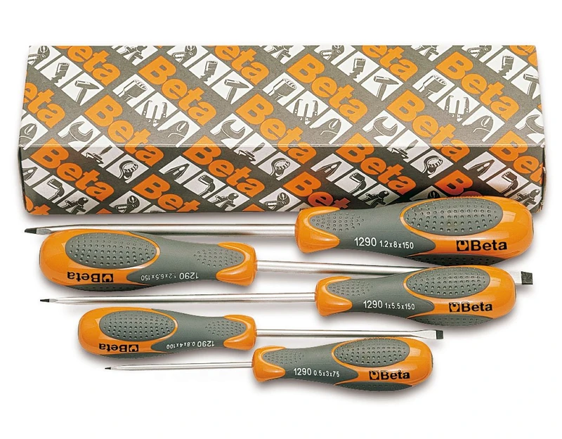 Beta 12900305 Model 1290 /S5 Screwdriver for Slotted Head Screws, Extra Short Series, 5 Pieces