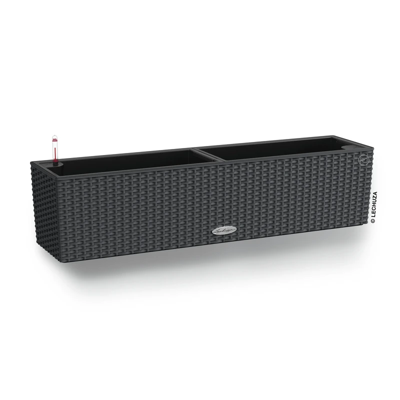 Lechuza Self Watering Plant Pot BALCONERA Cottage 80 Indoor and Outdoor Flower Rattan Look Plastic Plant Pot and Window Box with Drainage Hole H19 L80 W19 cm Granite