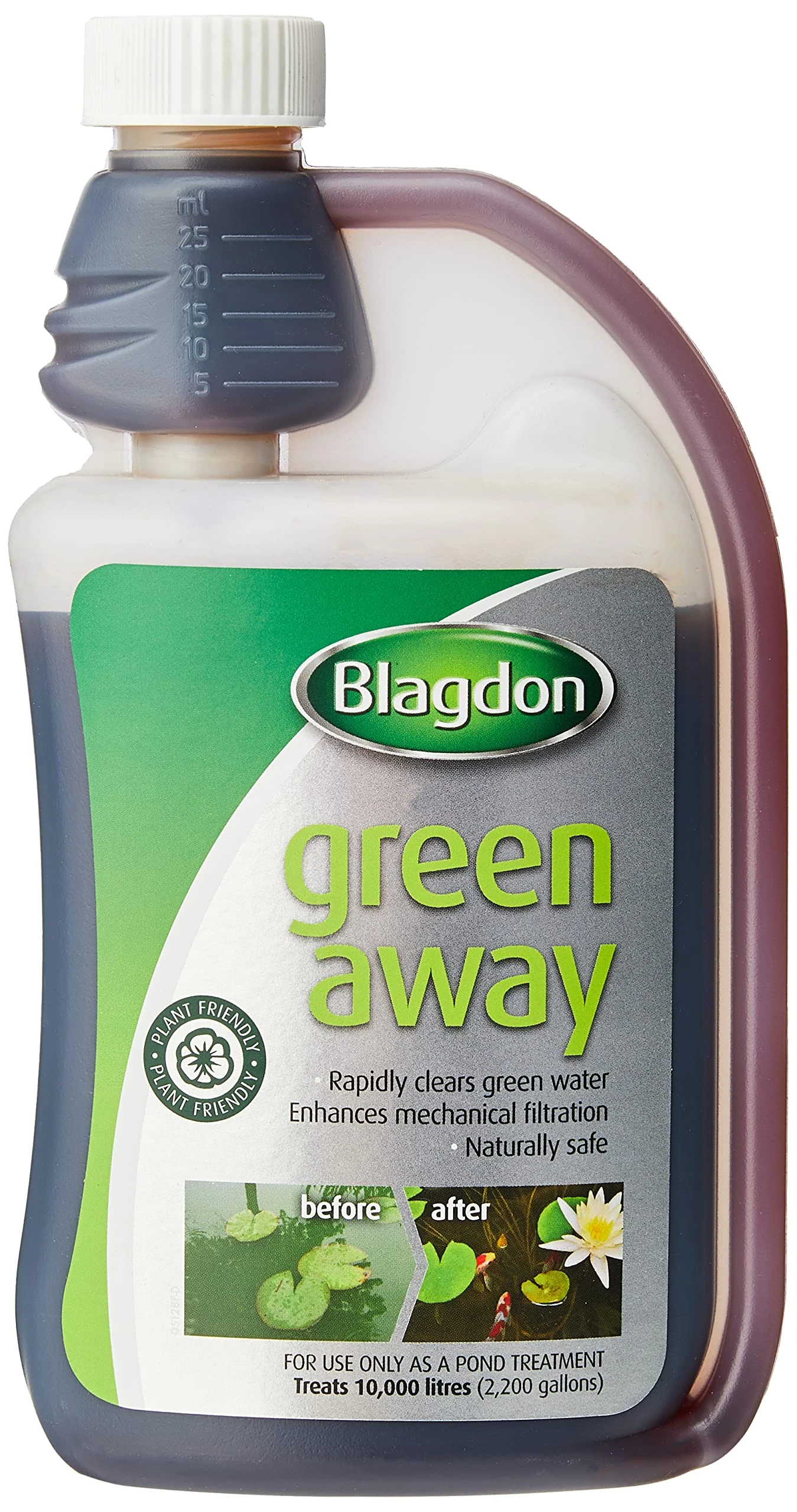 Blagdon Green Away Pond Water Treatment, Clears Green Water and Suspended Algae Particles, Natural, Plant Friendly, Safe for Fish, 500 ml, Treats 10,000 Litres of Water