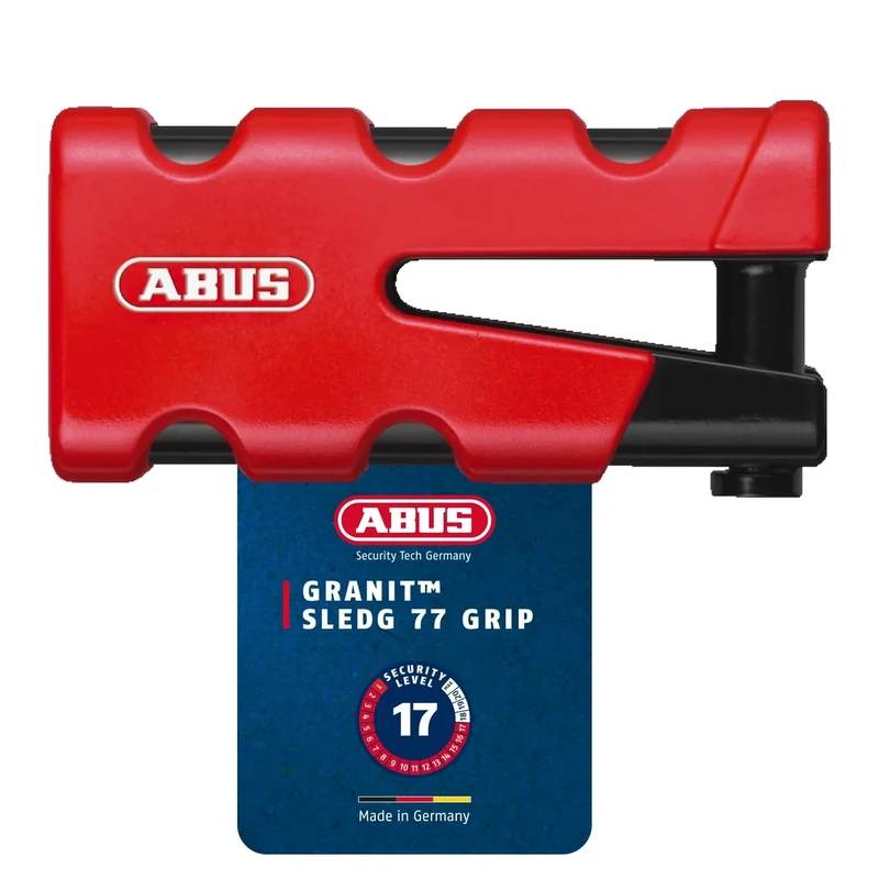 ABUS Granit Sledg 77 grip red brake disc lock - Motorcycle lock with secure XPlus cylinder and reminder cable - security level 17 - Red