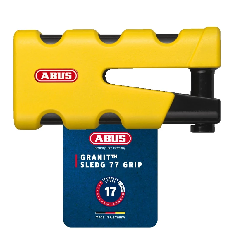 ABUS Brake disc lock Granit Sledg 77 grip yellow - Motorcycle lock with secure XPlus cylinder and reminder cable - security level 17 - Yellow