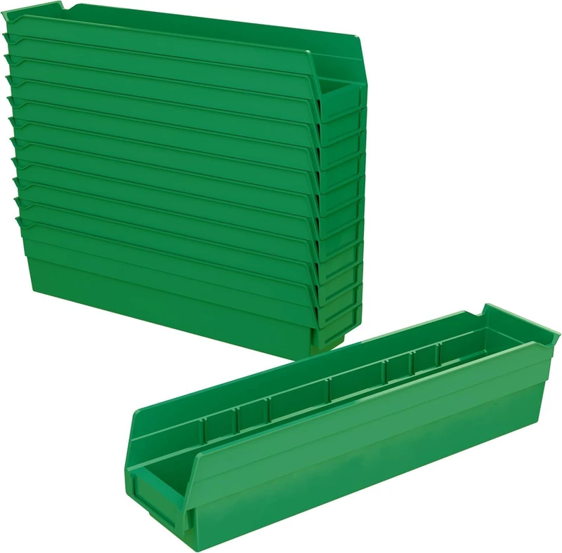 Akro-Mils 30128 Plastic Shelf Bins, Heavy Duty Storage Bins for Garage, Closet, and Drawer Organization, 45.72 cm x 10.16 cm x 10.16 cm, Green, 12-Pack