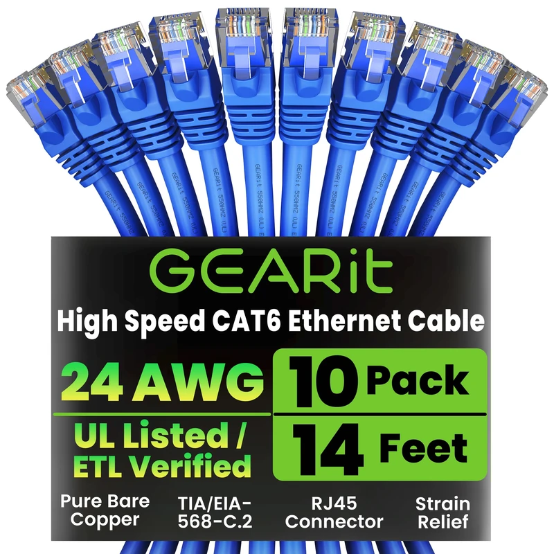 GEARit Cat 6 Ethernet Cable (10-Pack 14 Feet) Cat6 Network Patch, 10Gbps, RJ45, Snagless Cord, Gold-Plated Connectors, Internet for PC, TV, Tablet, Router, Printer, Servers, IT Data Center - Blue