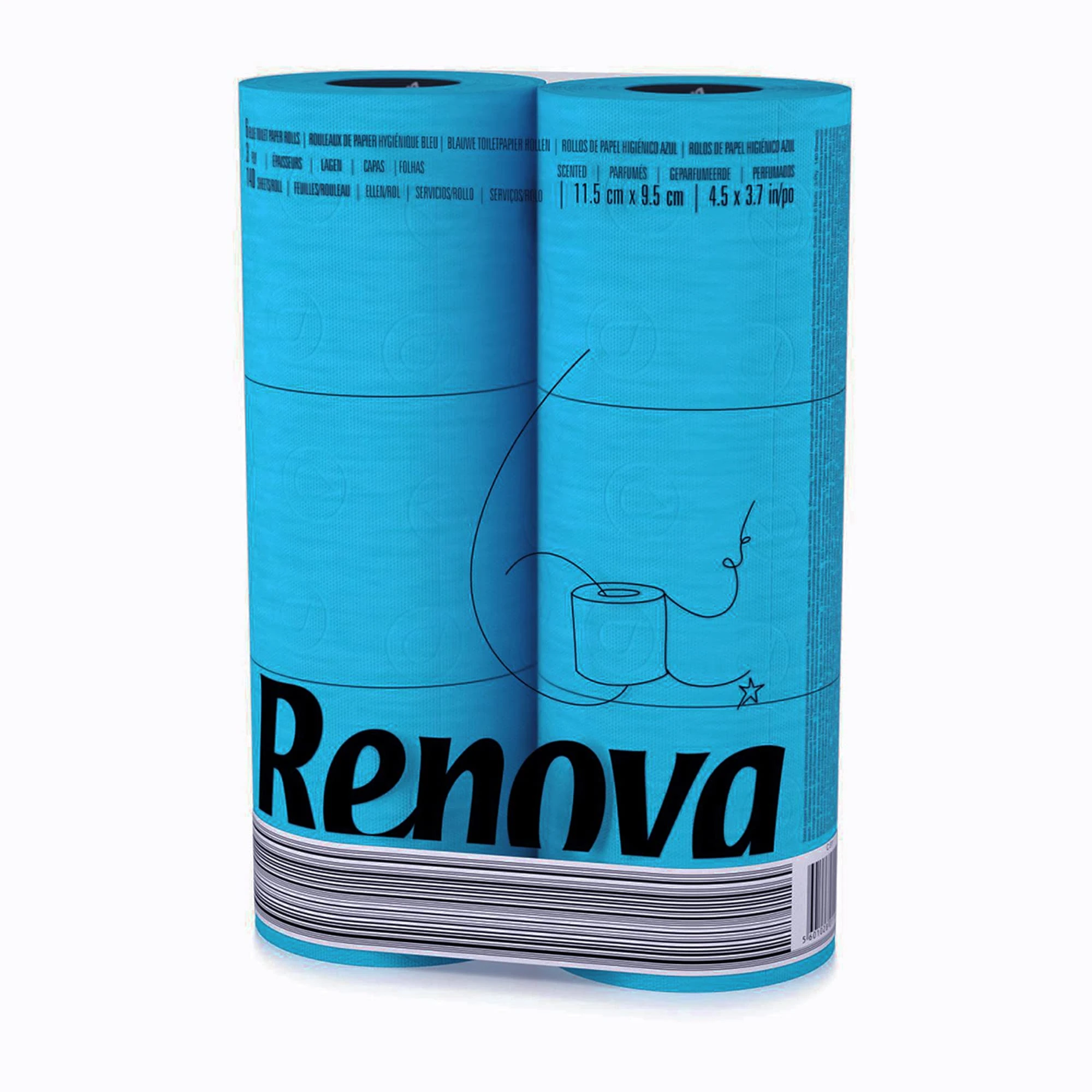 Renova 6 Pack Blue Toilet Paper Blue Luxurious Soft and Absorbent Bathroom Tissue – 6 Roll Pack with 140 Sheets Per Roll, Dermatologically Tested, Colorfast Design, Premium Quality Virgin Pulp