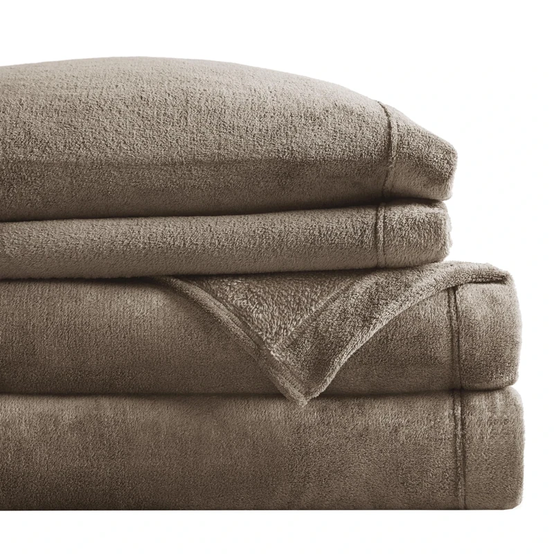 SLEEP PHILOSOPHY True North Soloft Plush Bed Sheet Set, Wrinkle Resistant, Warm, Soft Fleece Sheets with 14" Deep Pocket Cold Season Cozy Bedding-Set, Matching Pillow Case, King, Brown, 4 Piece
