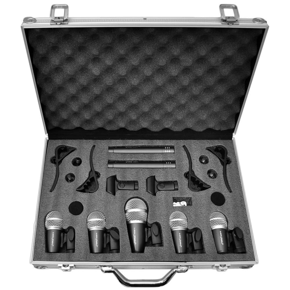Pyle PDKM7 Dynamic 7 Piece Drum Microphone Set with Carry Case & Mounting Accessories