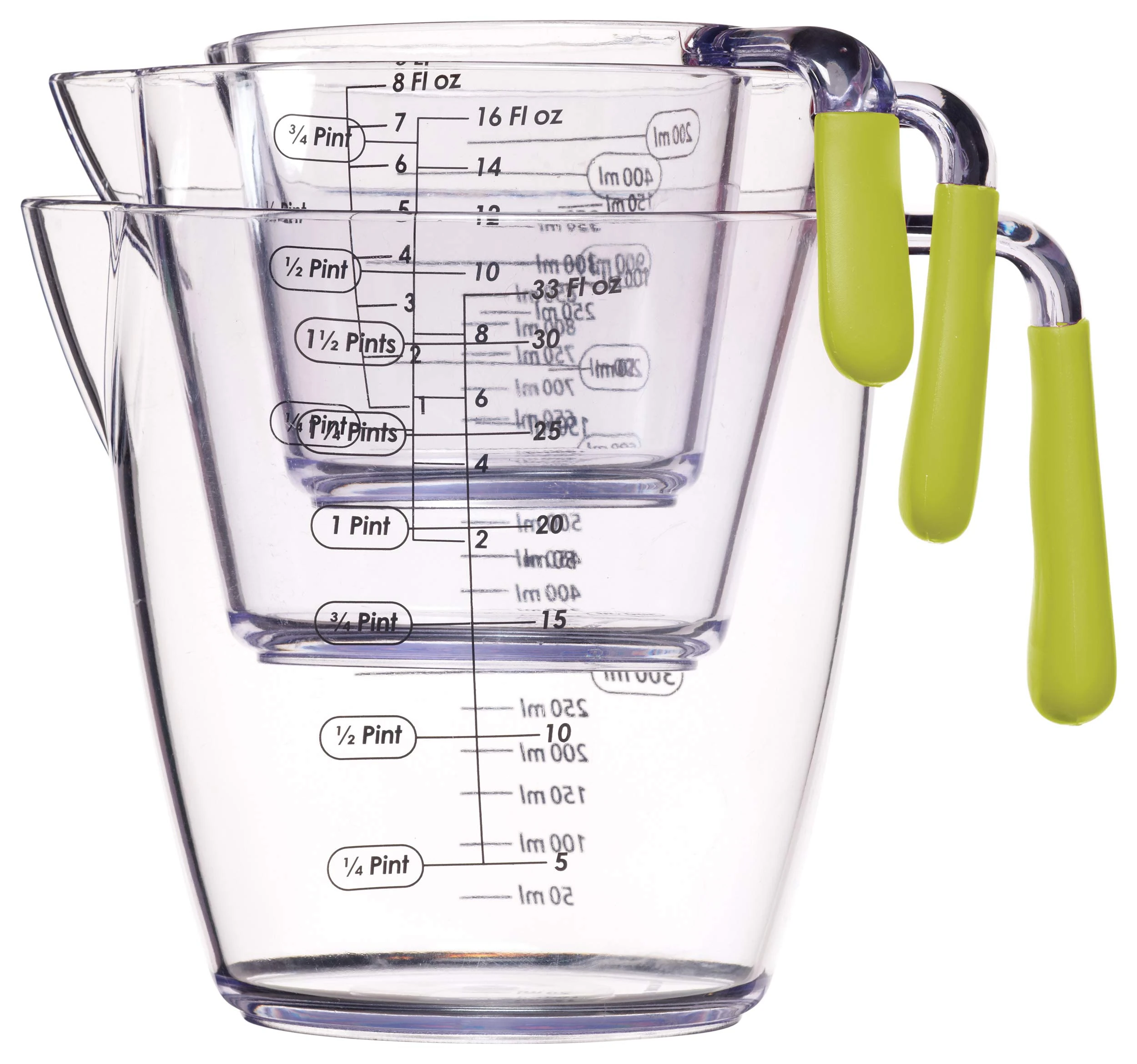 Colourworks 3 Piece Acrylic Measuring Jug Set, Stackable Jugs for Cooking Baking with Coloured Soft Grip Handle - Green