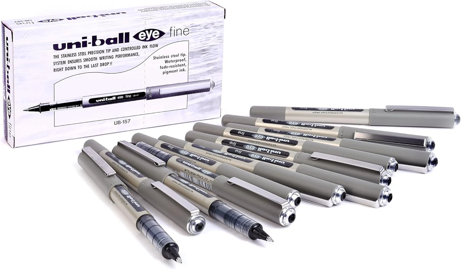 uni-ball UB-157 Eye Rollerball Pens. Premium Fine 0.7mm Ballpoint Tip for Super Smooth Handwriting, Drawing, Art, Crafts and Colouring. Fade and Water Resistant Liquid Uni Super Ink. Box of 12 Black