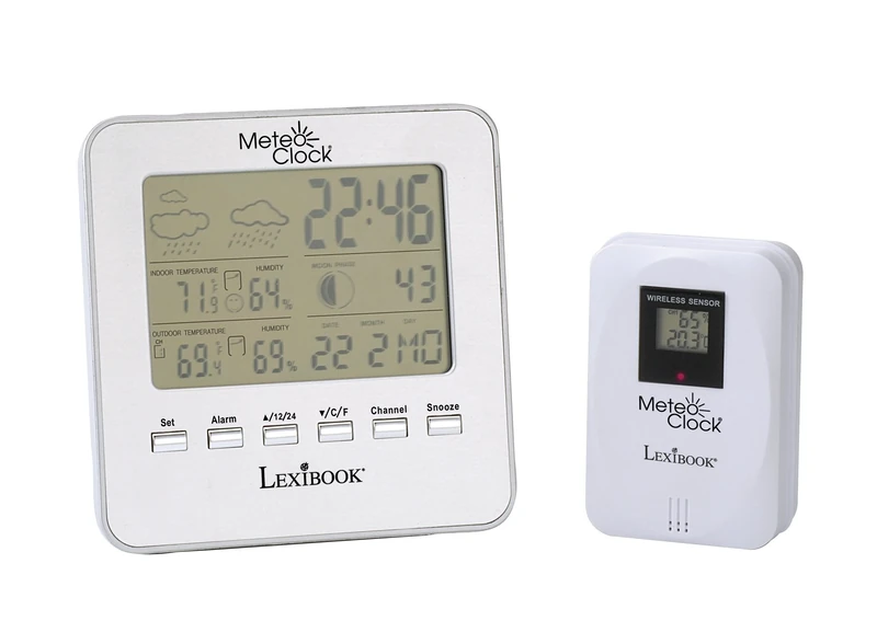 LEXIBOOK Weather Station Meteoclock Silver, Waterproof Outdoor Sensor, Moon Phase, Alarm and Snooze Function, Battery Operated, silver, SM940