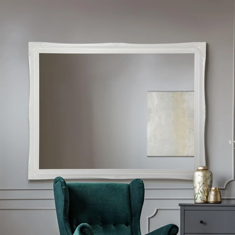HUGE WHITE Shabby Chic Antique Style Rectangular Wall Mirror complete with Premium Quality Pilkington's Glass - Overall Size: 42 inches x 54 inches (107cm x 137cm)