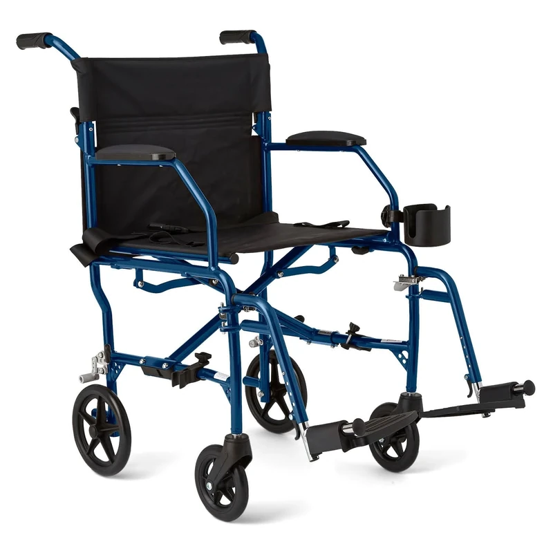 Medline Ultralight Transport Wheelchair, 19” Wide Seat, Folding Transport Chair, Blue