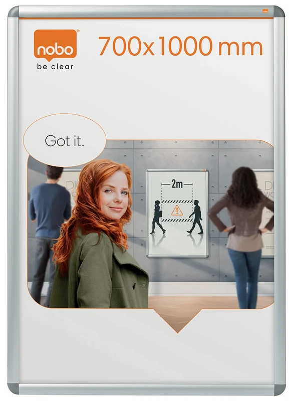 Nobo Poster Frame Sign Holder With Snap Frame, 700 x 1000 mm, Wall Mounted, Aluminium Trim, Anti-Glare Protective Cover, Premium Plus, Silver, 1902209