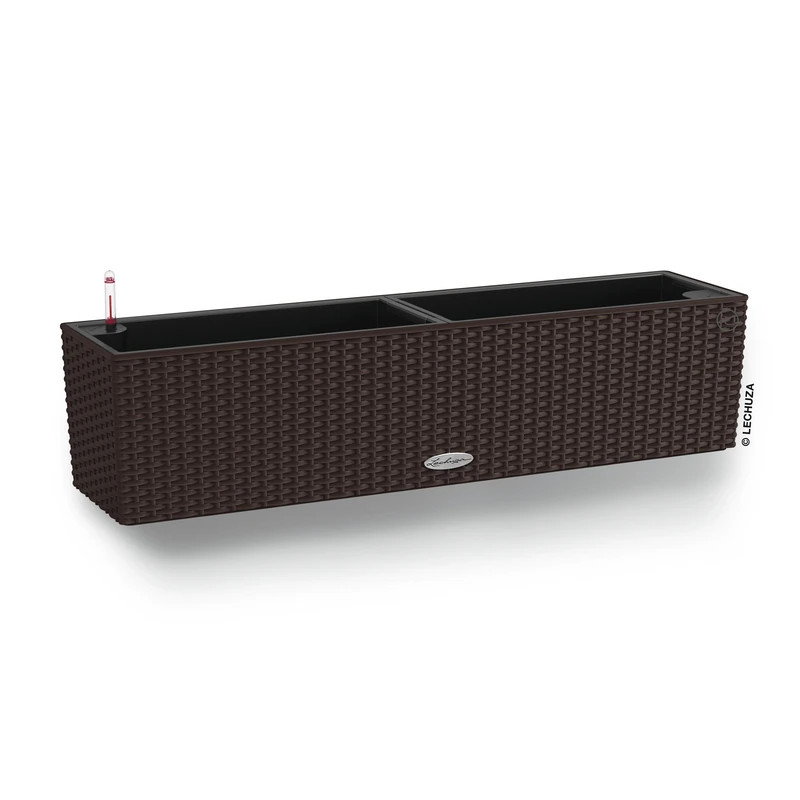Lechuza BALCONERA Cottage 80 Self Watering Planter Plastic Indoor/Outdoor Flower Rattan Look Plant Pot Table and Window Box with Drainage Hole H19 L80 W19 cm Mocha