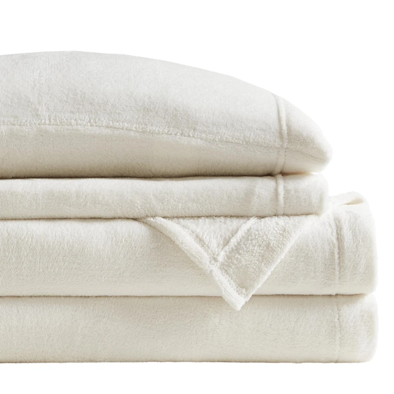 SLEEP PHILOSOPHY True North Soloft Plush Bed Sheet Set, Wrinkle Resistant, Warm, Soft Fleece Sheets with 14" Deep Pocket Cold Season Cozy Bedding-Set, Matching Pillow Case, Queen, Ivory, 4 Piece