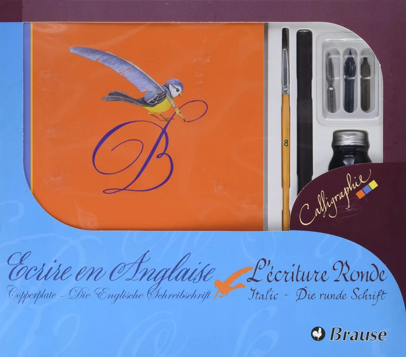 Brause 98206B - Junior calligraphy set containing 3 nibs, a penholder, a brush, a label sheet, a bottle of Jacques Herbin blue ink and a notebook (French)