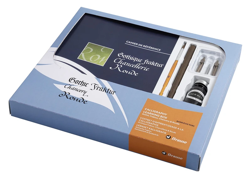 Brause 132B - Learning set with 3 nibs (Bandzug 2 mm and 2.5mm, drawing nib 511B), a penholder, a brush a bottle of Jacques Herbin 15 ml black ink and booklet