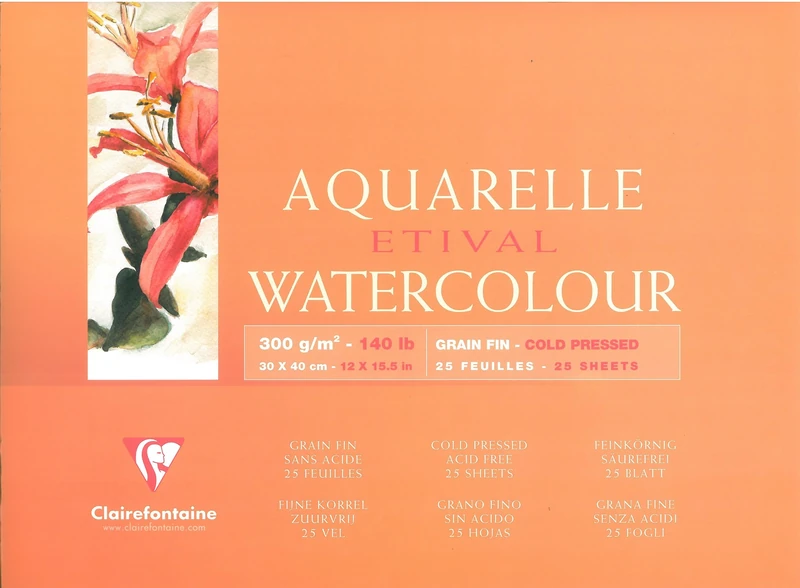 Clairefontaine - Ref 96472C - Etival Cold Pressed Glued Watercolour Painting & Drawing Pad (10 Sheets of Paper) - 30 x 40cm - 300gsm Cellulose Art Paper