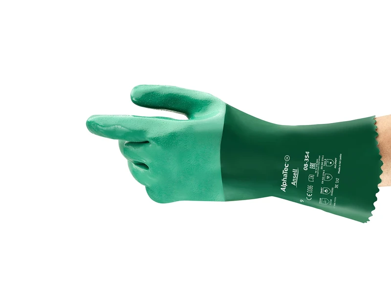 Ansell AlphaTec 08-354 Chemical Resistant Gloves, Heavy Duty Protection, Liquids, Solvents, Acids, Industrial PPE, Neoprene Glove Men Women, Green, Size M (12 Pairs)