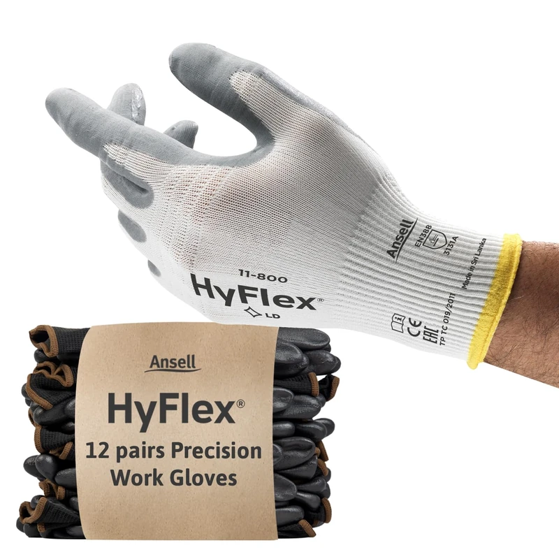 Ansell HyFlex 11-800 Professional Work Gloves, Abrasion Resistant Nitrile Coating with Firm Grip, Multipurpose Protection Gloves, Mechanical and Industrial Safety, White, Size L (12 Pairs)