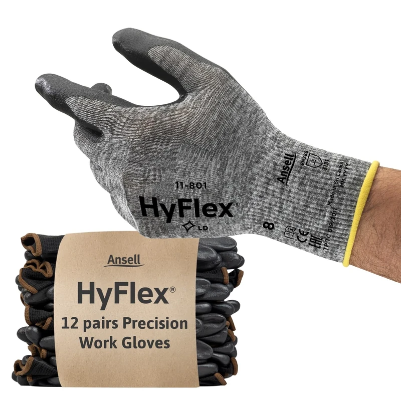Ansell HyFlex 11-801 Professional Work Gloves, Abrasion Resistant Nitrile Coating with Firm Grip, Multipurpose Protection Gloves, Mechanical and Industrial Safety, Grey, Size M (12 Pairs)