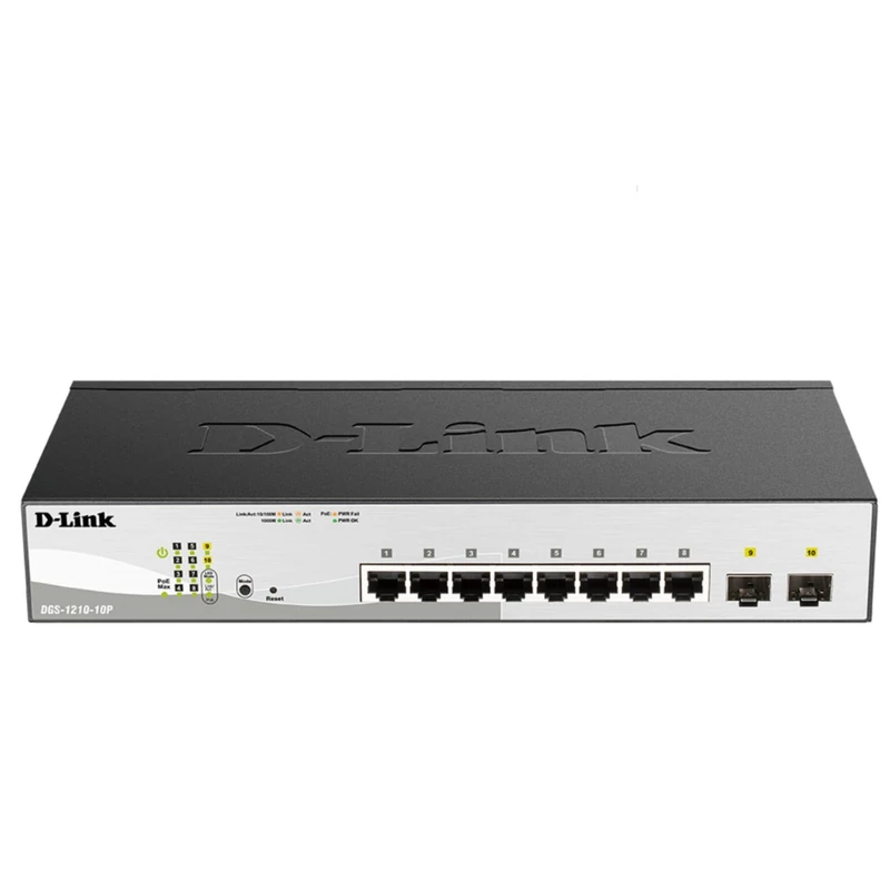 D-Link DGS-1210-10P 10-Port Smart Managed Gigabit PoE Switch, 8 x 10/100/1000BASE-T PoE, 2 x 100/1000 Mbps SFP Black, Power Budget 65 W
