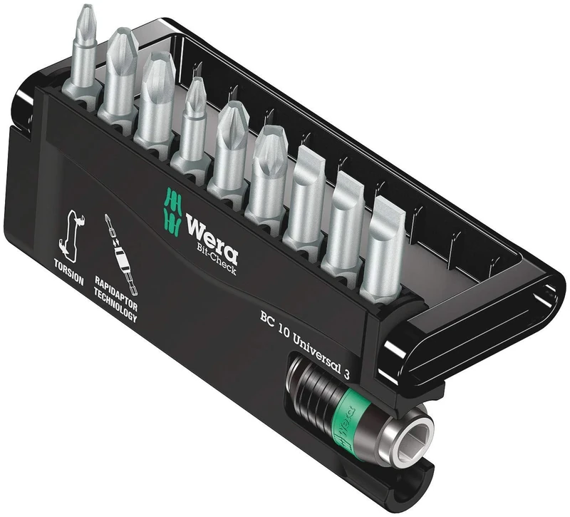 Wera 05056375001 Bit-Check Set 8600-9/TZ Torsion Extra-tough with Rapidaptor, for Drill/Drivers, Metal Jointing, SL, PZ, PH 10pc