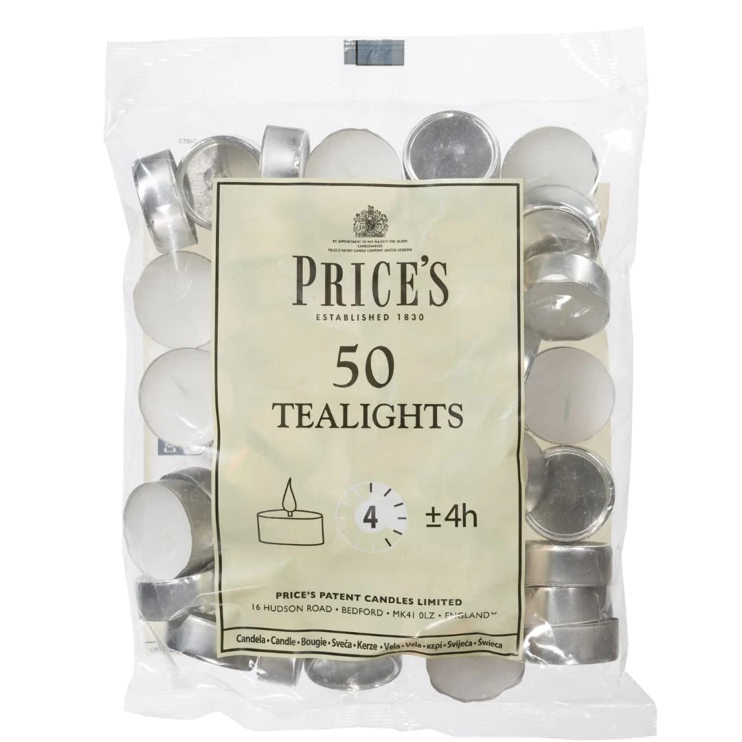 Prices Patent Candles White Tealights Bag, Pack of 50, Wax, l x 3.8cm w x 1.8cm h, Unscented