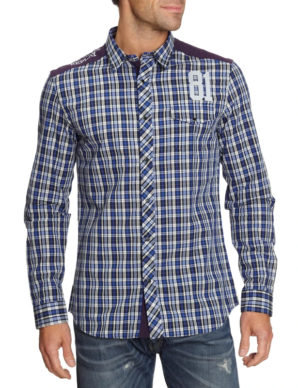 Replay Men's Blue Check Applique Shirt - Large