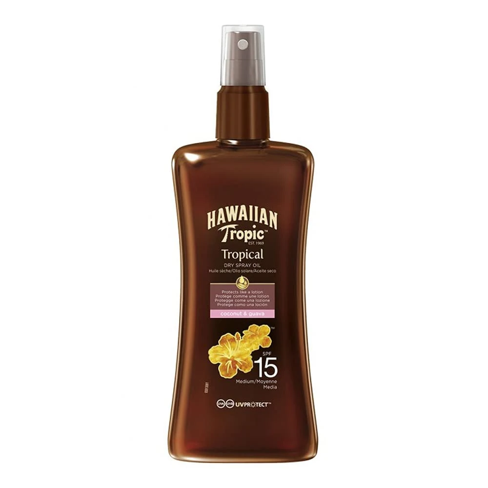 Hawaiian Tropic | Glowing Protection Sunscreen Dry Oil Gel SPF 15 UVA + UVB Protection, 200 ml, Tropical Scent with Coconut Oil, Water Resistant, Vegan
