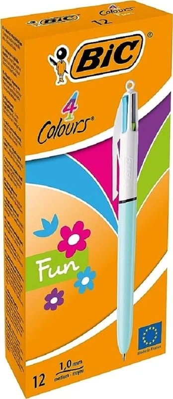 BIC 4 Colours Fun Retractable Pens - Blue Pastel, 12 Pack, 1.0 mm