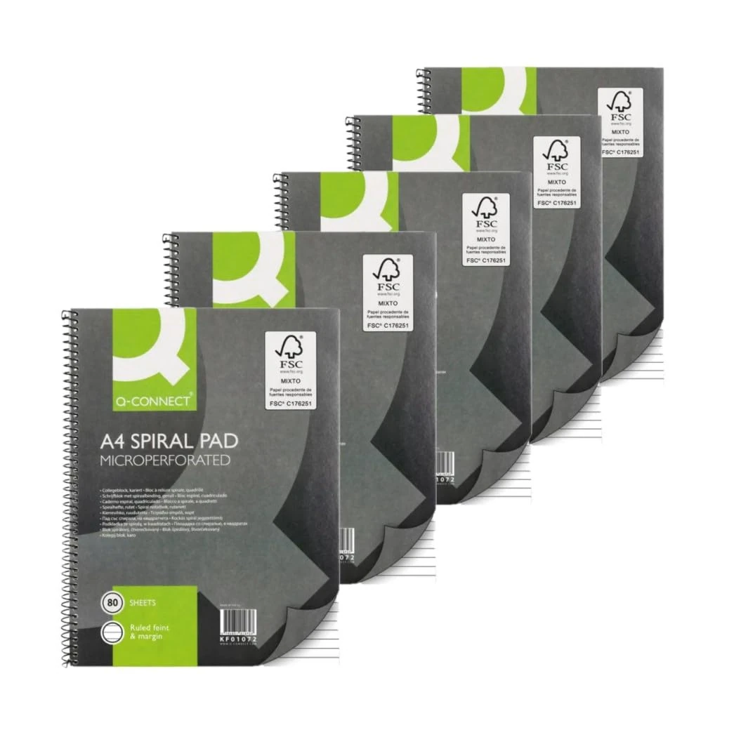 Q-Connect Ruled Margin Spiral Soft Cover Notebook 160 Pages A4 (5 Pack) KF01072