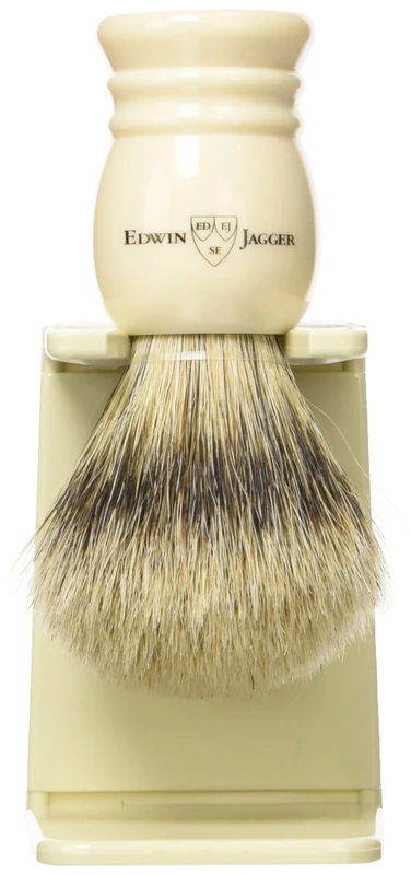 Edwin Jagger 1EJ257SDS Traditional Imitation Ivory Super Badger Hair Exfoliating Shaving Brush with Drip Stand for Shaving Soap or Cream for Men and Women (Medium)