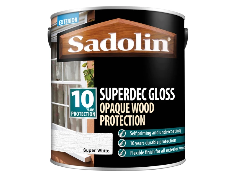 Sadolin superdec Opaque Wood Protection Super White Gloss 2.5 Litre, Suitable for cladding and Exterior Joinery