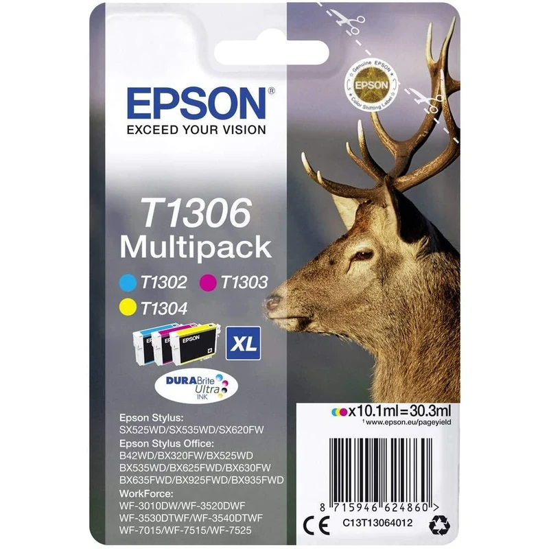 Epson T1306XL Stag Genuine High Yield Multipack, 3-colours DURABrite Ultra Ink Cartridges