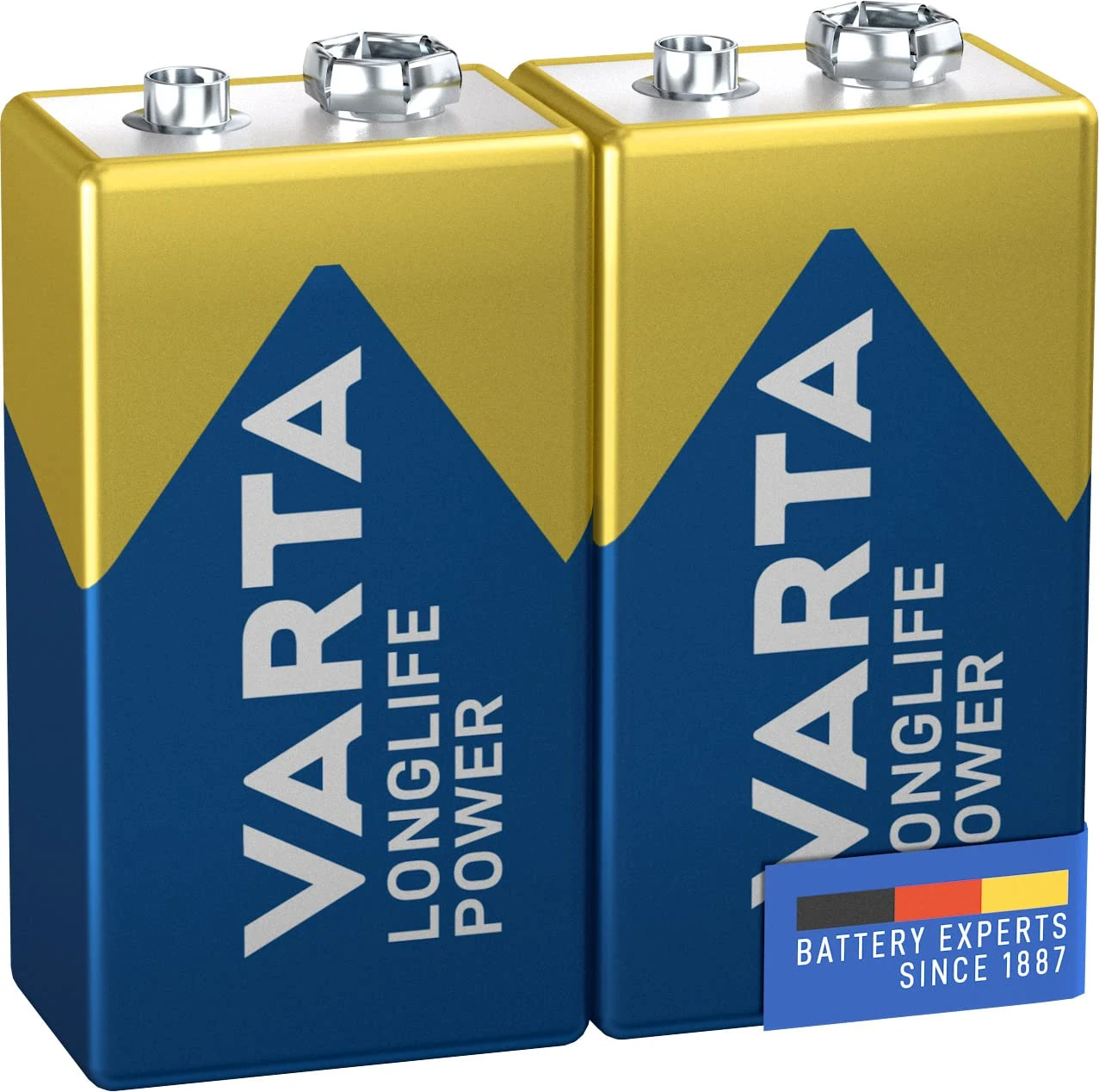VARTA Longlife Power 9V Block 6LR61 Alkaline E-Block Battery (2-pack) - Made in Germany - ideal for fire alarms, smoke detectors, tuners
