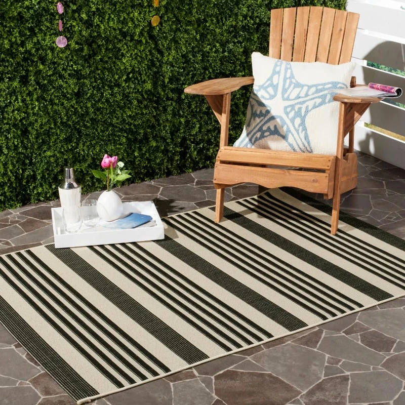 Safavieh Striped Indoor/Outdoor Woven Rectangle Area Rug, Courtyard Collection, CY6062, in Black / Bone, 201 X 290 cm for Garden, Patio or Any Outdoor Space