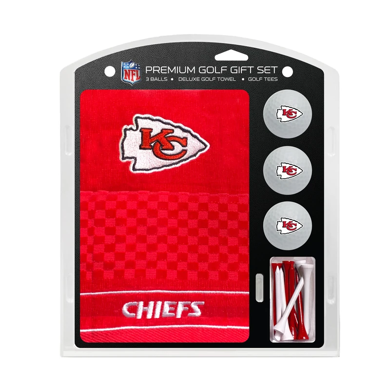 Team Golf NFL Kansas City Chiefs Embroidered Towel, 3 Balls, and Tee Set - Gift Set With Tri-Fold Towel 16" x 22" & 14 Tees 2-3/4" Regulation