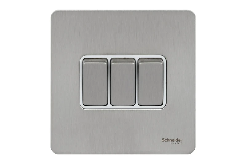 Schneider Electric Ultimate Triple 2-Way 10ax Plate Switch Screwless Stainless Steel Flat Plate - White Insert