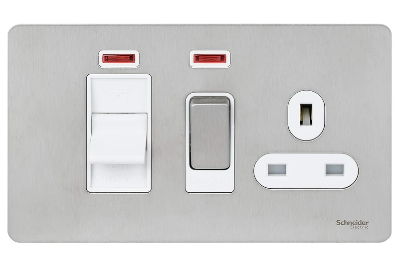 Schneider Electric Ultimate Screwless Flat Plate - Switched Cooker Control Unit with 13A Socket and Neon Indicator, 45A, GU4401WSS, Stainless Steel with White Insert