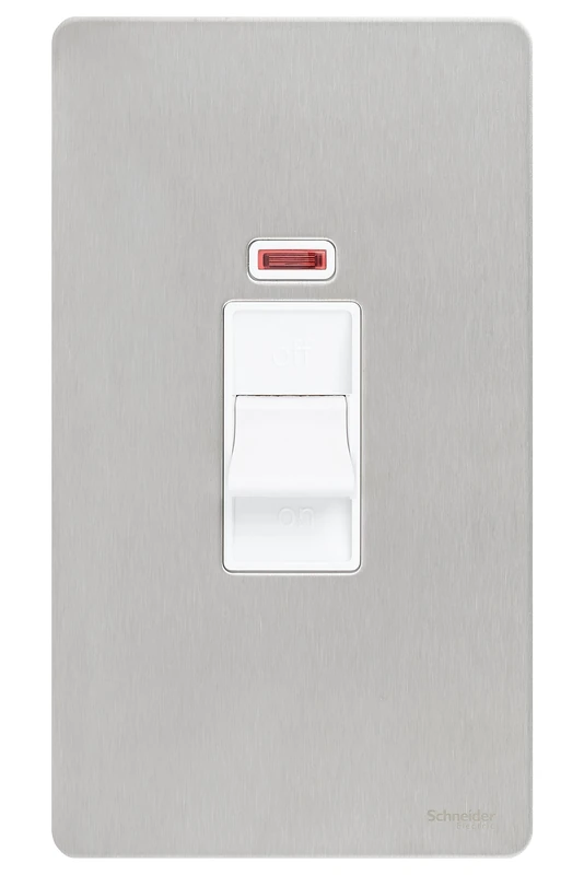 Schneider Electric Ultimate Double Pole 45a Plate Switch with Neon Screwless Stainless Steel Flat Plate - White Insert