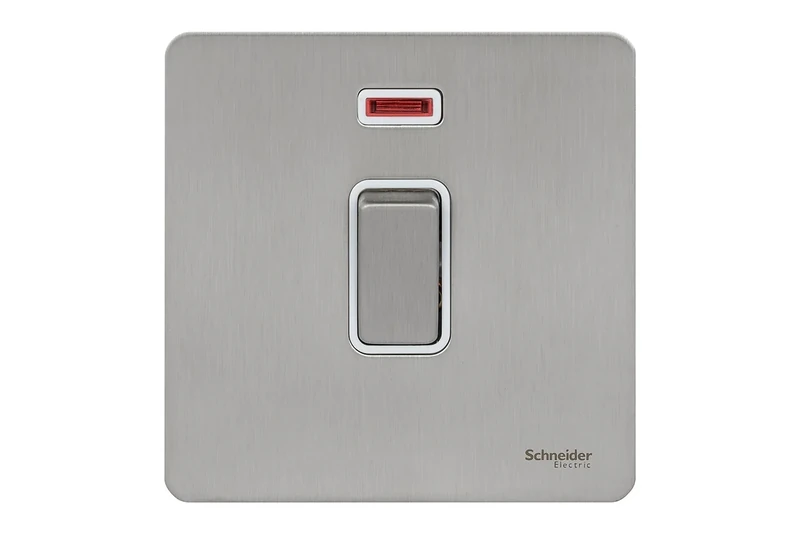 Schneider Electric Ultimate Screwless Flat Plate 20AX DP Switch with Neon Stainless Steel White Insert