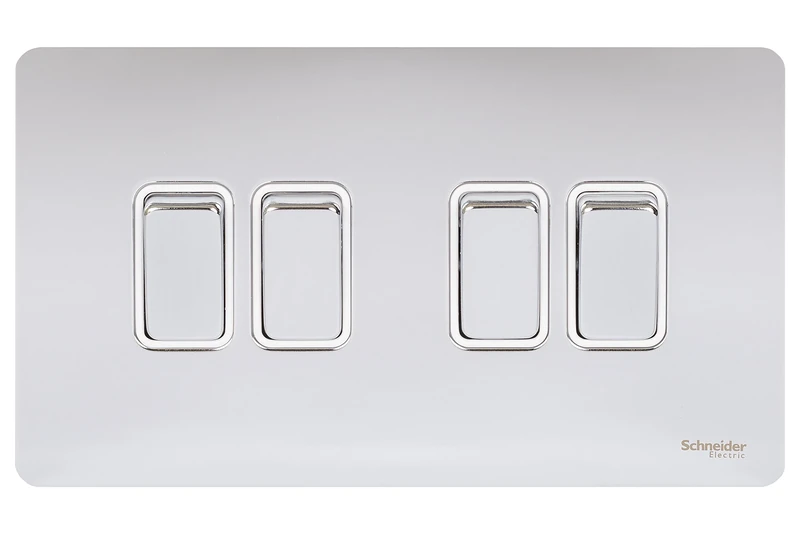 Schneider Electric Ultimate Screwless Flat Plate - 4 Gang Rocker 2 Way Light Switch, Single Pole, 16AX, GU1442WPC, Polished Chrome with White Insert