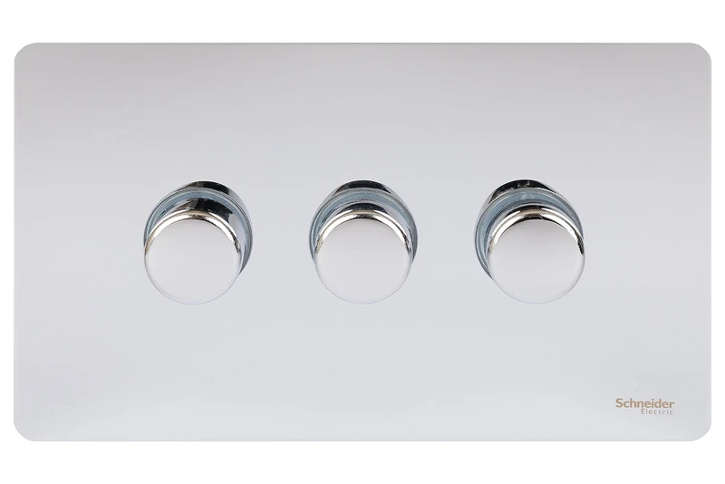 Schneider Electric Ultimate Screwless Flat Plate - 3 Gang 2 Way Dimmer Light Switch, Main and Low Voltage, 250W/VA, GU6432CPC, Polished Chrome