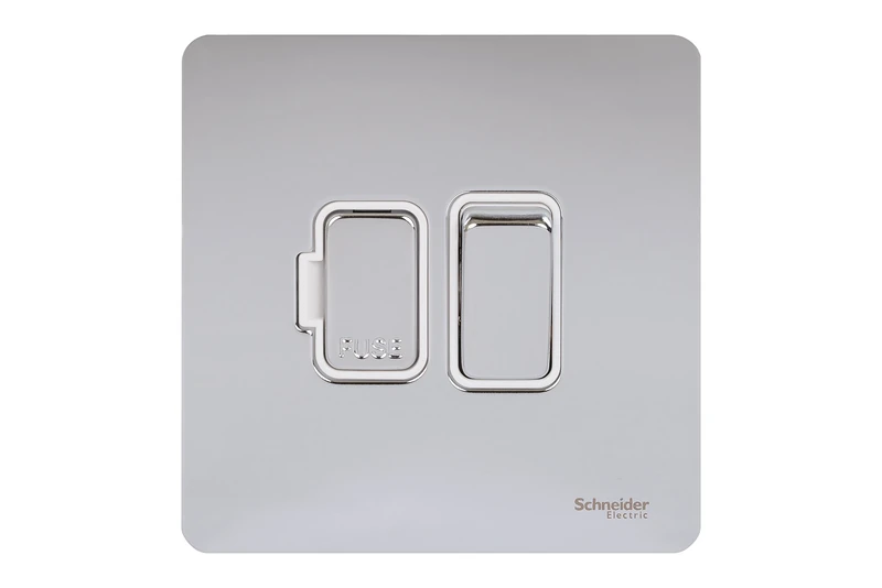 Schneider Electric Ultimate Screwless Flat Plate 13a DP Switched Connection Unit Polished Chrome White Insert