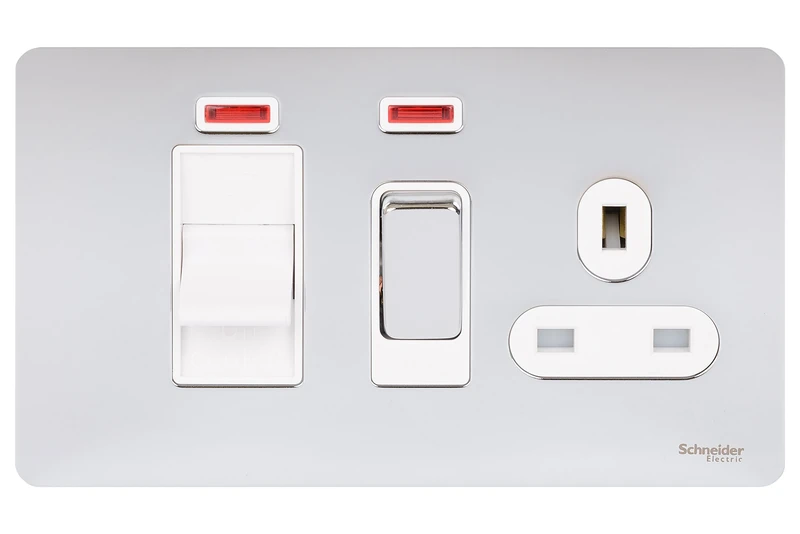 Schneider Electric Ultimate Screwless Flat Plate - Switched Single Cooker Control Unit with Socket, Double Pole with Neon Indicator, 45A, GU4401WPC, Polished Chrome with White Insert