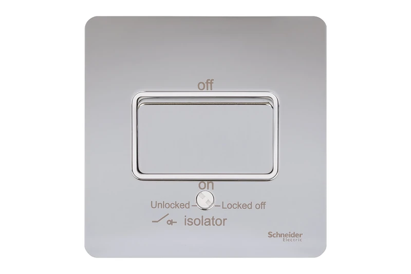 Schneider Electric Ultimate Screwless Flat Plate 10AX 3P Isolator Switch Polished Chrome White Insert